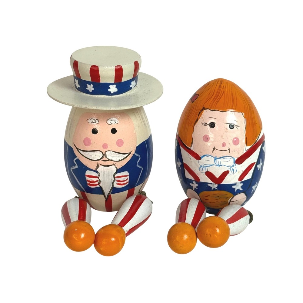 Terry's Village Patriotic Wooden Egg Shelf Sitters Uncle Sam & Mrs America Set